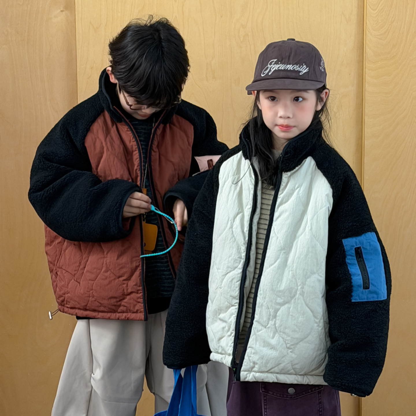 儿童棉服冬季新款男女童韩版菱形拼接袖夹棉外套男孩百搭保暖棉袄