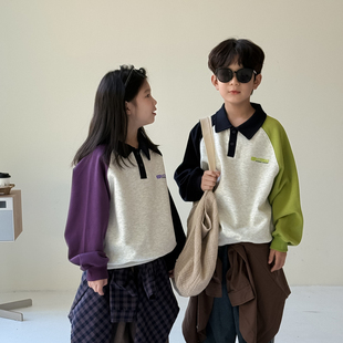儿童卫衣2025秋季 男女孩百搭宽松翻领上衣潮 男女童韩版 拼色POLO衫