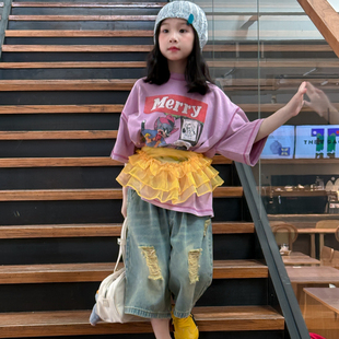 女童裤子儿童夏季新款韩版复古做旧破洞牛仔裤女孩百搭宽松七分裤