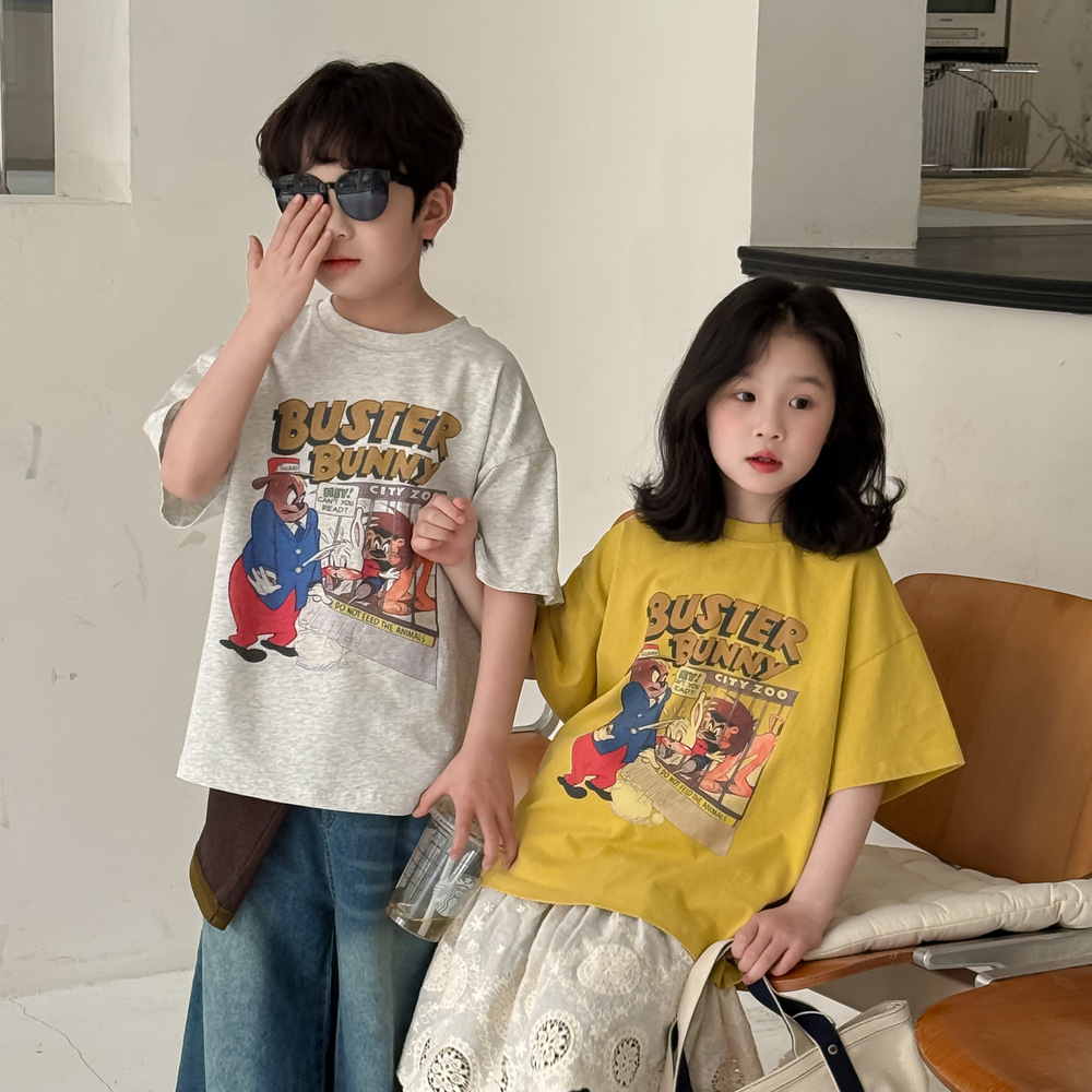 男女童短袖儿童夏季新款韩版卡通印花套头衫男女孩百搭宽松半袖衫