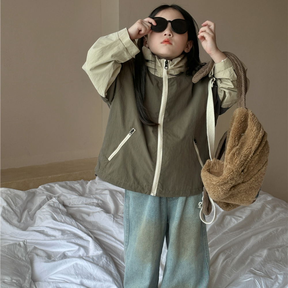 儿童外套女孩秋季新款防风拉链登山服女童韩版拼色连帽冲锋衣秋装