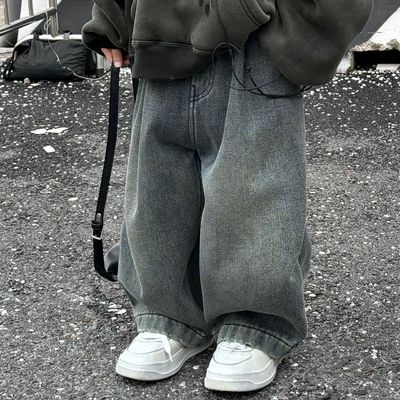 男童冬季韩版做旧加绒直筒牛仔裤