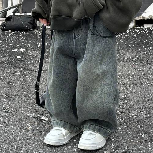 男童冬季韩版做旧加绒直筒牛仔裤