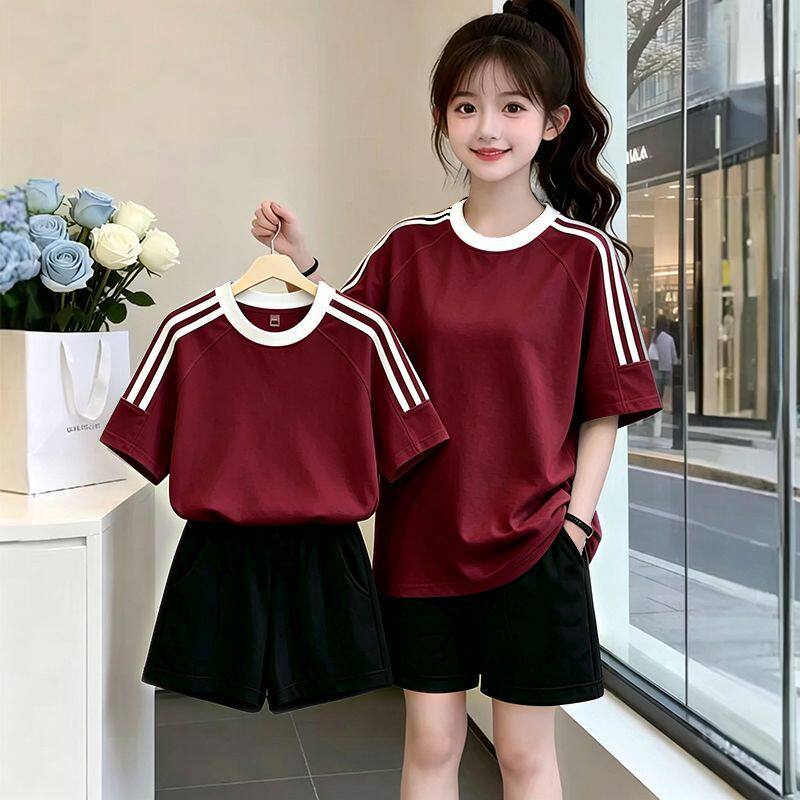 纯棉女童套装短袖短裤运动儿童宽松圆领夏季洋气中大童两件套夏天