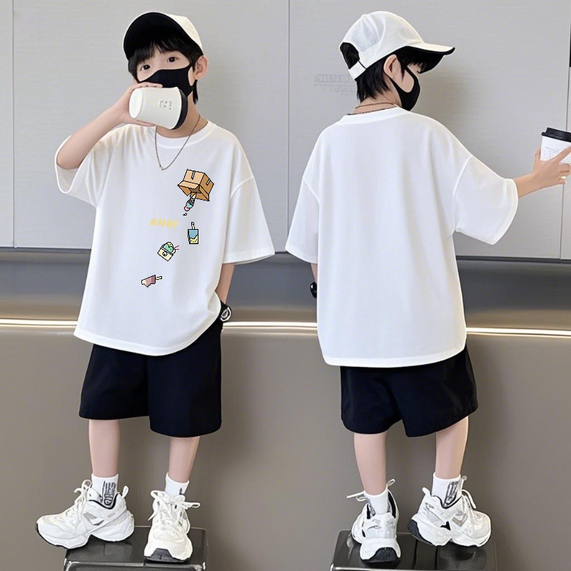 儿童纯棉短袖t恤套装男童夏季运动中大童男孩时尚休闲短裤两件套