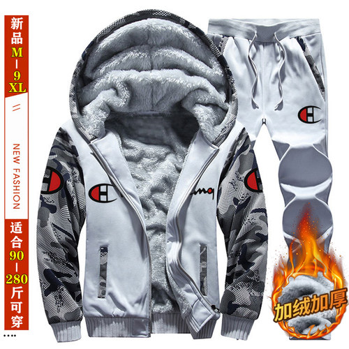 保暖加绒卫衣男秋冬季连帽外套大码运动套装中青年休闲长裤两件套