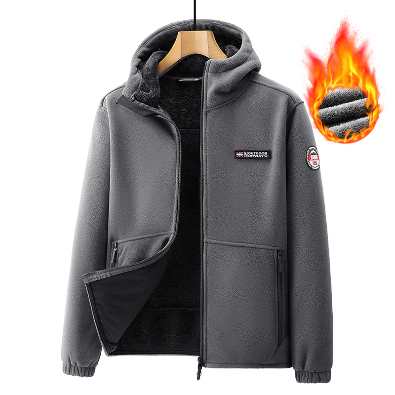 青年摇粒绒外套男连帽加绒卫衣开衫保暖加绒大码秋冬季户外抓绒衣