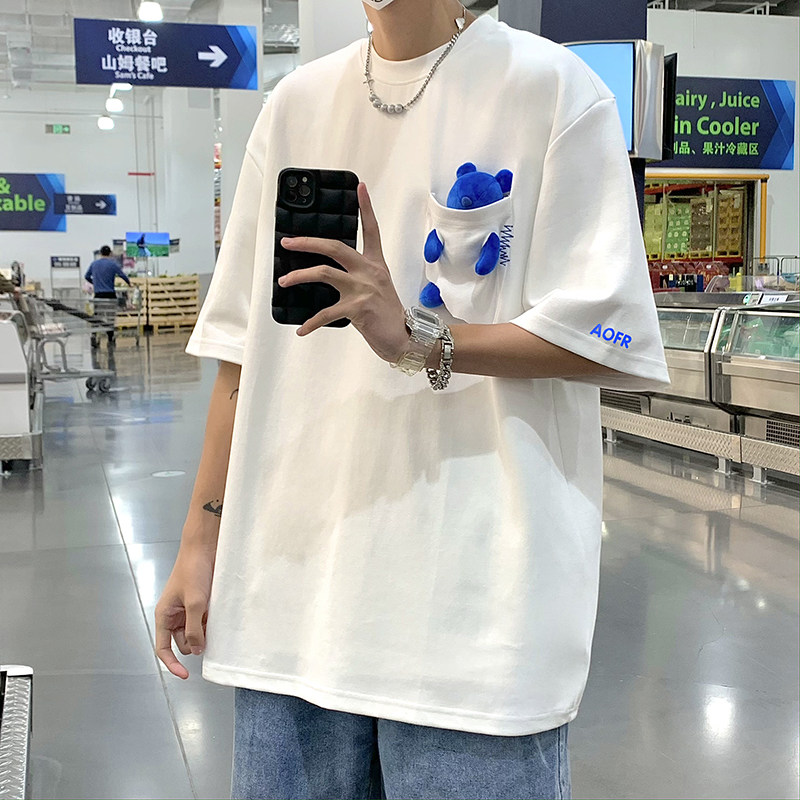 夏季设计感口袋小熊短袖上衣服男韩版ulzzang潮牌高街圆领五分袖