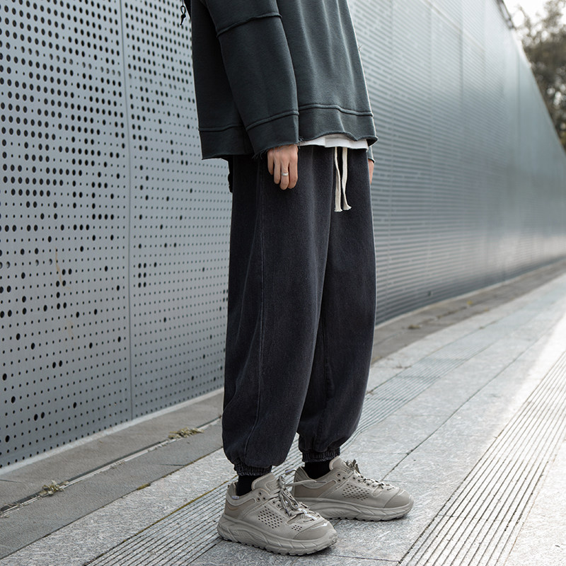 束脚裤男学生秋冬裤子抽绳松紧裤头潮流宽松休闲束腿九分牛仔裤男