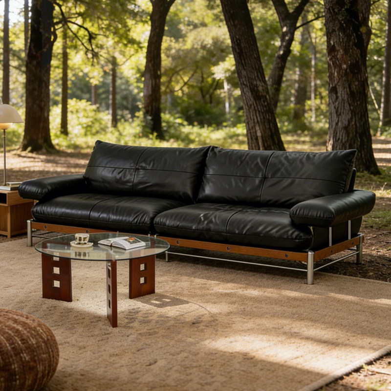 包豪斯真皮无边沙发中古风客厅直排黑色模块沙发2026新款实木沙发