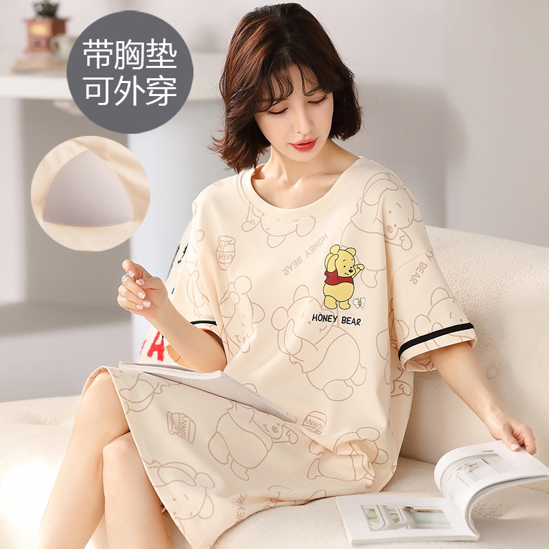 带胸垫睡裙女士夏季棉可爱卡通睡衣中长款连衣裙宽松家居服可外穿