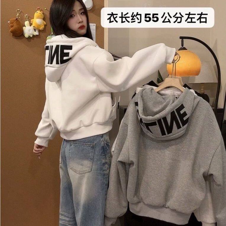 春秋新款美式连帽字母印花卫衣女韩版宽松百搭开衫短款外套上衣潮
