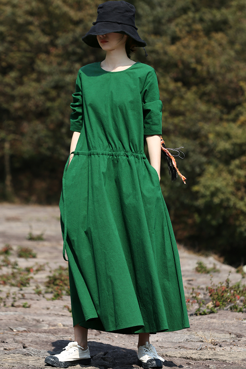 东方豆蔻春新款休闲复古棉麻裙子a字宽松连衣裙长裙女袍子