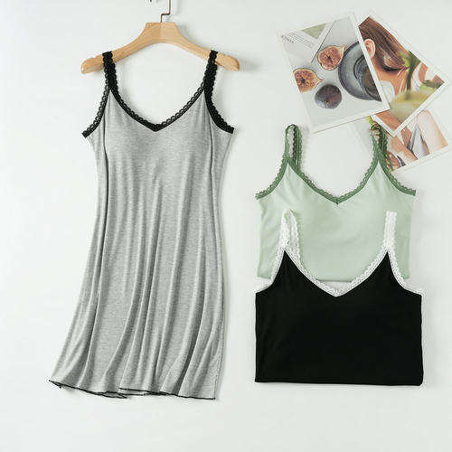 蕾丝莫代尔吊带睡裙女夏带胸垫透气薄款纯色裙家居服睡衣免穿文胸