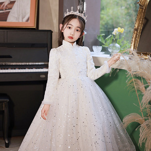 女中大童秋冬季长袖公主裙微胖女生白色花童蓬蓬裙钢琴主持演出服