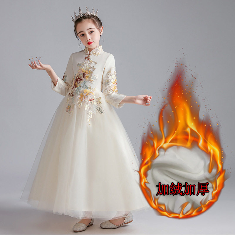 花童长袖旗袍大码气质礼服公主裙2025秋冬季小女孩钢琴古筝表演服