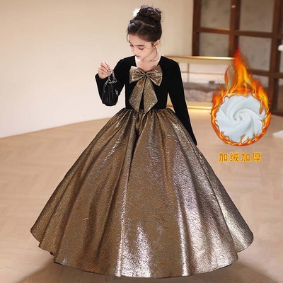 女大童超仙走秀古筝比赛礼服香槟色重工长袖生日公主裙花童气质冬