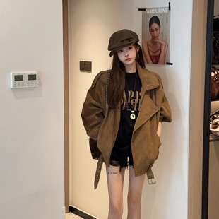 复古咖色美拉德麂皮机车服外套女宽松2025秋冬新款 皮夹克上衣 工装