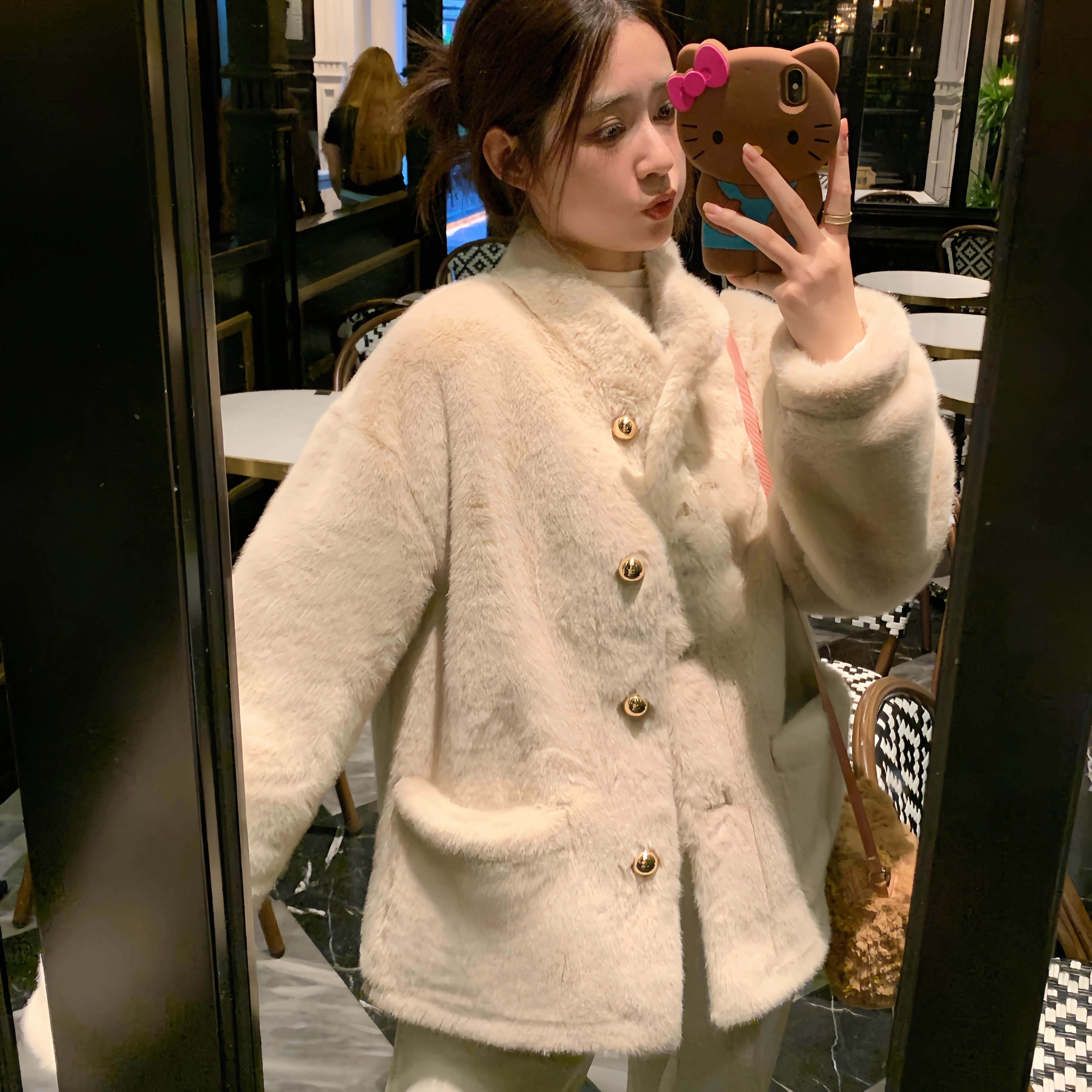 韩版宽松水貂毛绒短款立领外套女