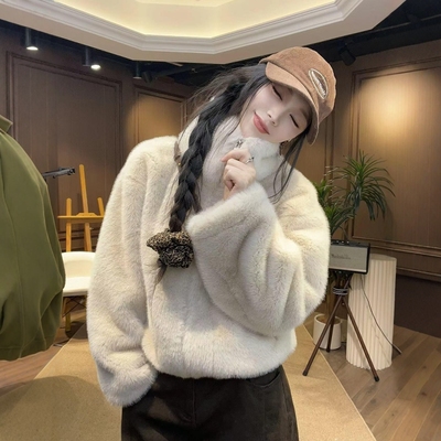 韩版宽松仿水貂绒短款皮草外套女