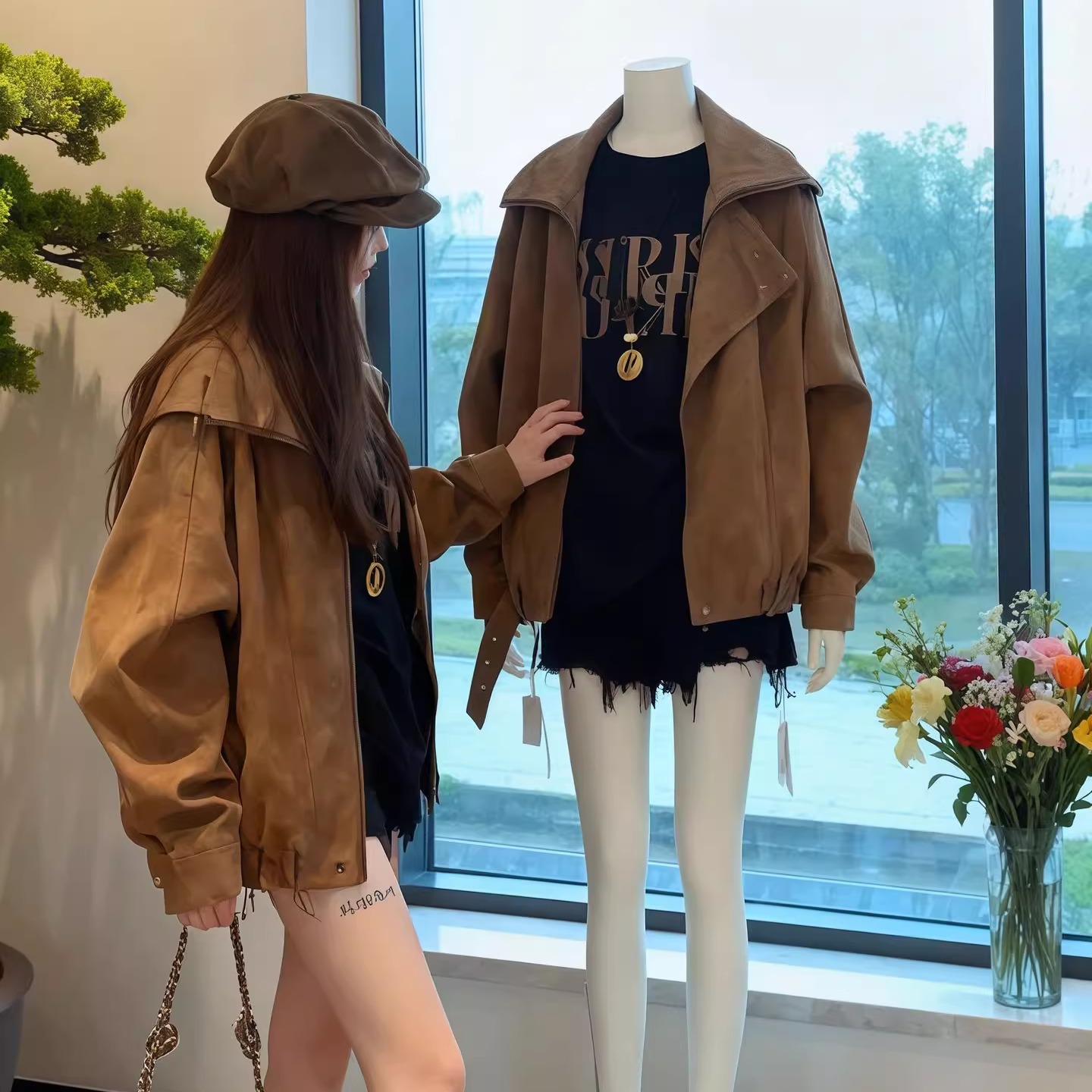 2025秋冬机车服外套女鹿皮绒重工潮流爆款酷飒风学生复古美式皮衣