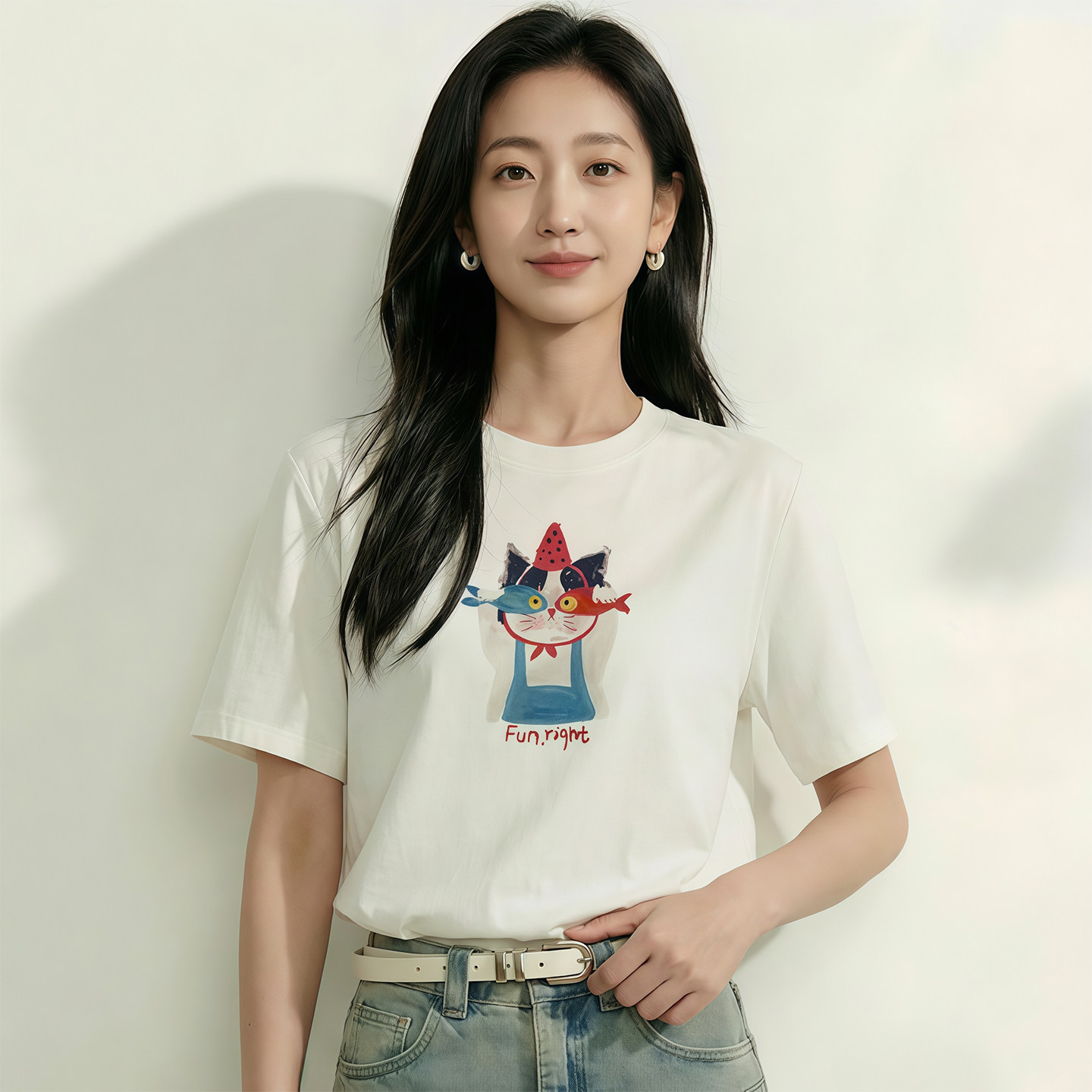 2026夏季新款白色短袖T恤女猫咪印花宽松圆领正肩纯棉通勤百搭