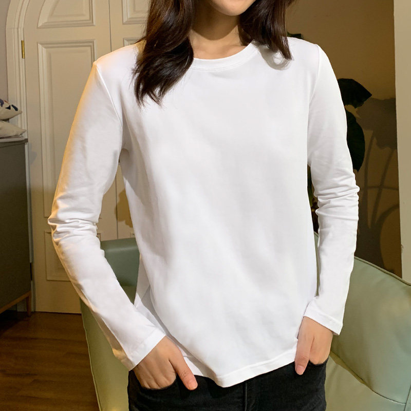 2024秋冬白色t恤女长袖加绒纯色圆领百搭纯棉修身显瘦加厚打底衫