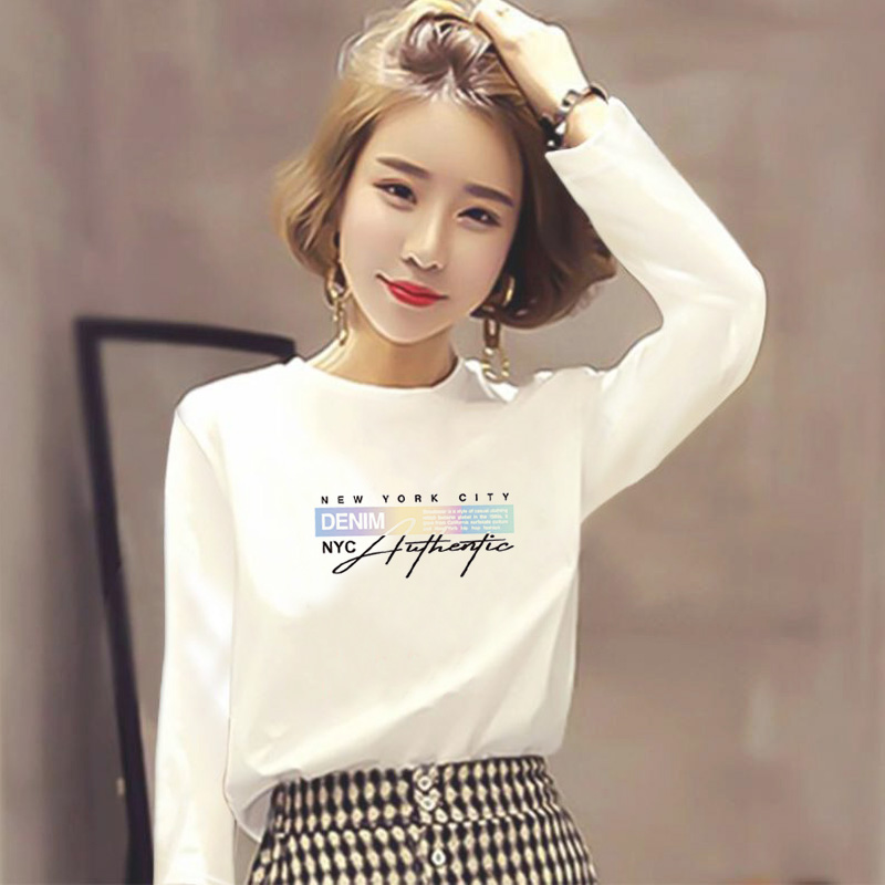 2025春秋新款白色t恤女长袖修身显瘦宽松韩版圆领百搭纯棉打底衫