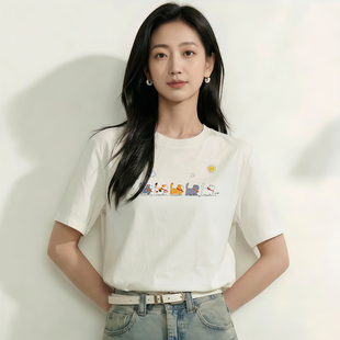 2026夏季新款纯棉短袖t恤女宽松显瘦正肩白色大码印花上衣百搭女
