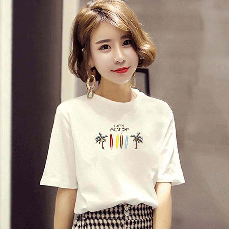 2026夏季新款白色短袖t恤女韩版百搭圆领印花宽松显瘦纯棉上衣潮