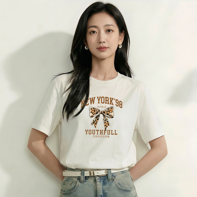 美式复古豹纹蝴蝶结印花t恤女