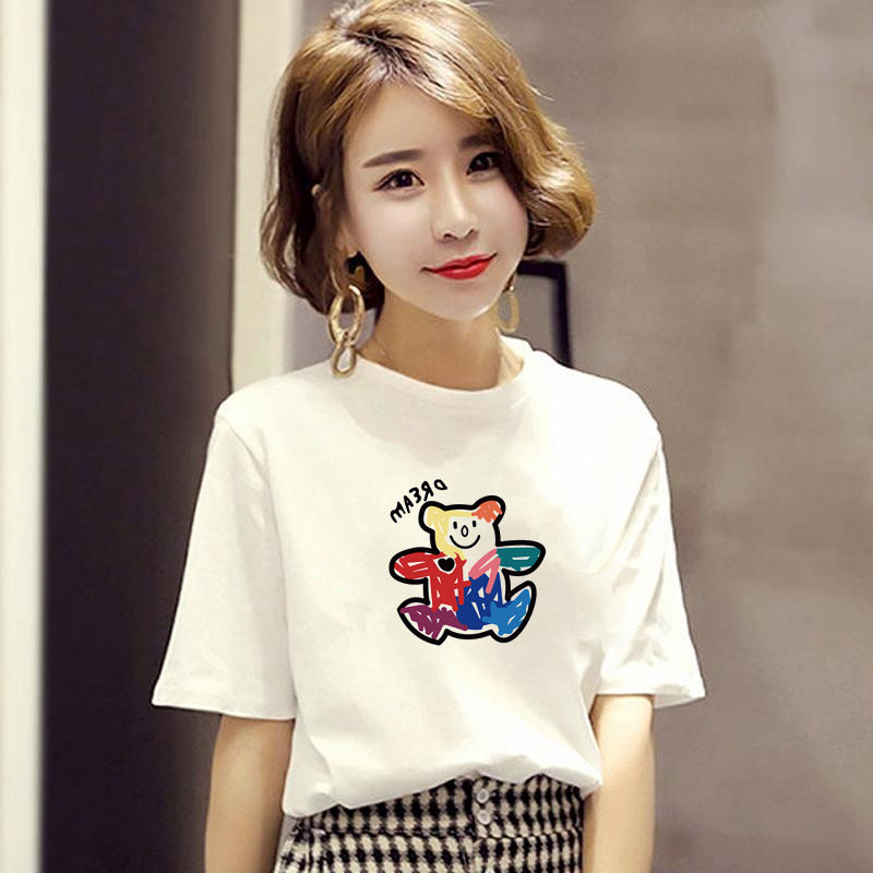 2024夏装新款短袖女白色t恤韩版纯棉印花字母大码宽松显瘦圆领潮