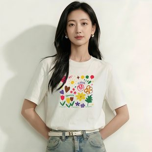 纯棉白色t恤女短袖夏季2026新款宽松圆领百搭印花显瘦上衣体恤女