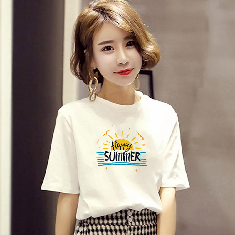 2026夏季新款短袖白色t恤女纯棉圆领韩版宽松字母印花半袖体恤潮