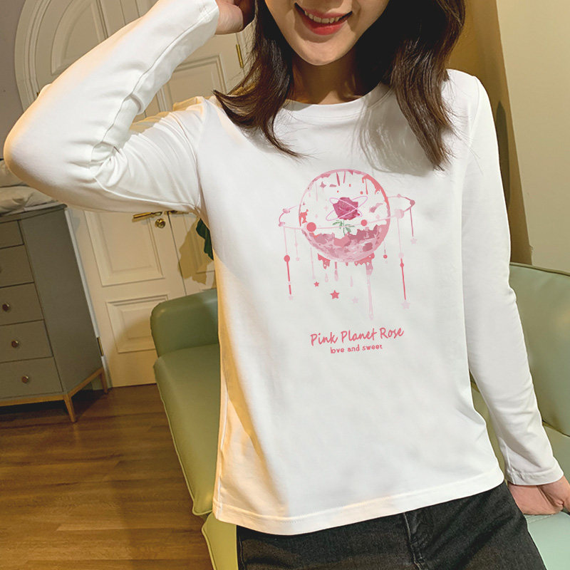 2026春秋新款纯色打底衫女圆领印花韩版纯棉修身显瘦白t恤女长袖