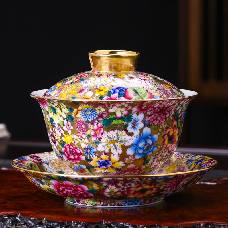 万花三才陶瓷敬茶碗手工珐琅彩