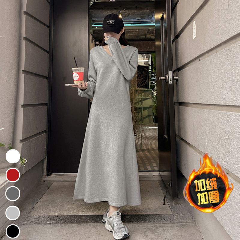 慵懒风V领加绒卫衣裙长款a字裙