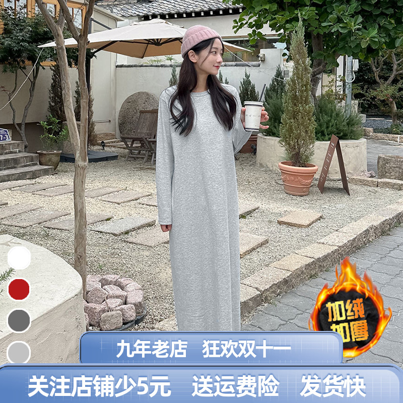 直筒高端休闲连衣裙女秋冬加绒大码胖mm显瘦无帽卫衣裙后开叉长裙