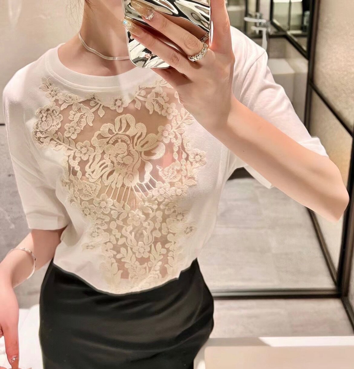 现货 优雅古董蕾丝立体镂空刺绣短袖t恤丝棉大裙摆香槟色半裙伞裙