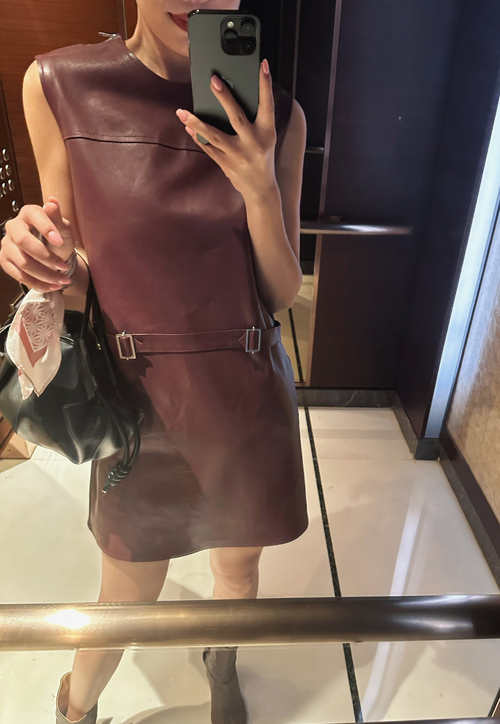 现货 时髦秋冬穿搭 复古梅子红时髦修身绵羊皮马甲裙背心裙连衣裙