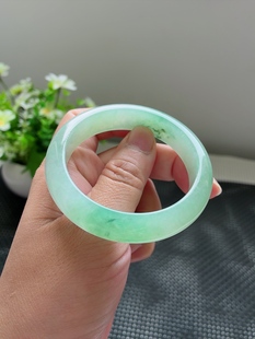 天然翡翠缅甸A貨52圈冰糯水润飘绿宽边手镯尺寸51.8 7.9mm 12.7