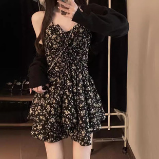 春季 小个子收腰短裙V领吊带裙两件套套裙 黑色碎花连衣裙女装 法式