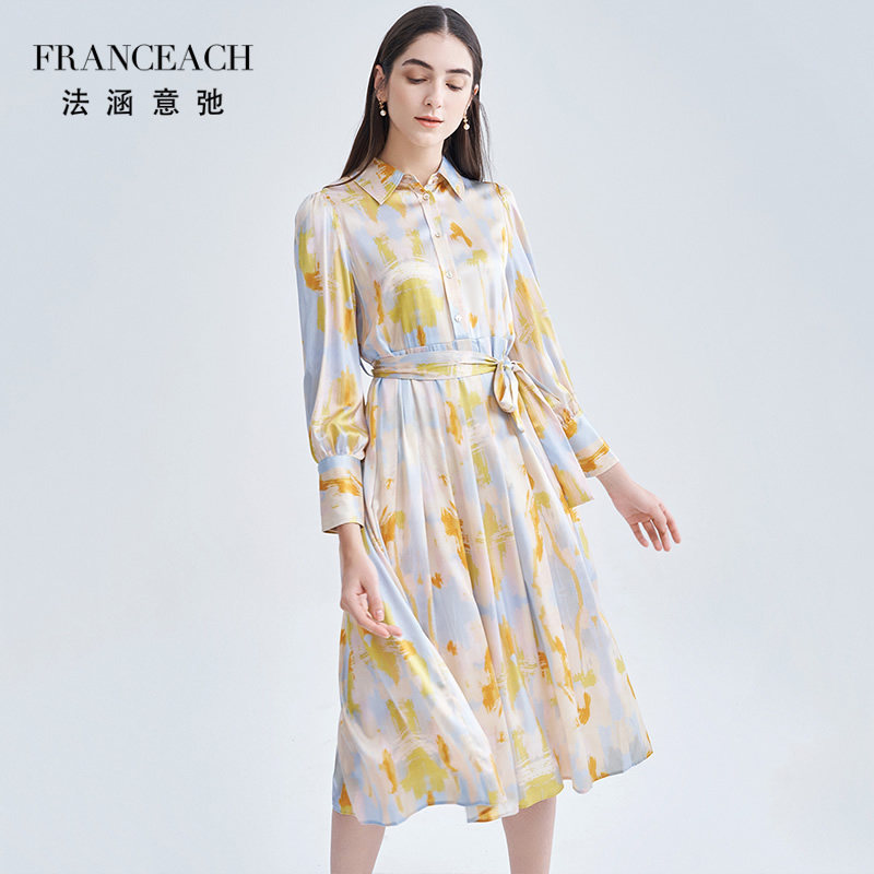 法涵意弛时尚印花真丝衬衫裙女