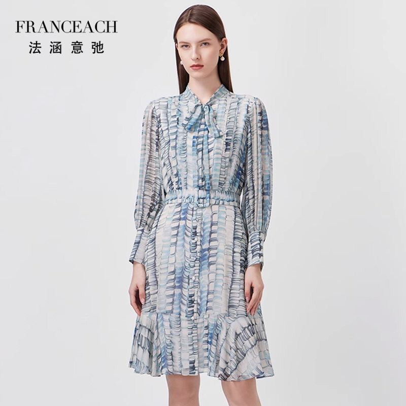 法涵意弛蓝灰色印花乔其真丝连衣裙女小个子短款长袖桑蚕丝裙子夏