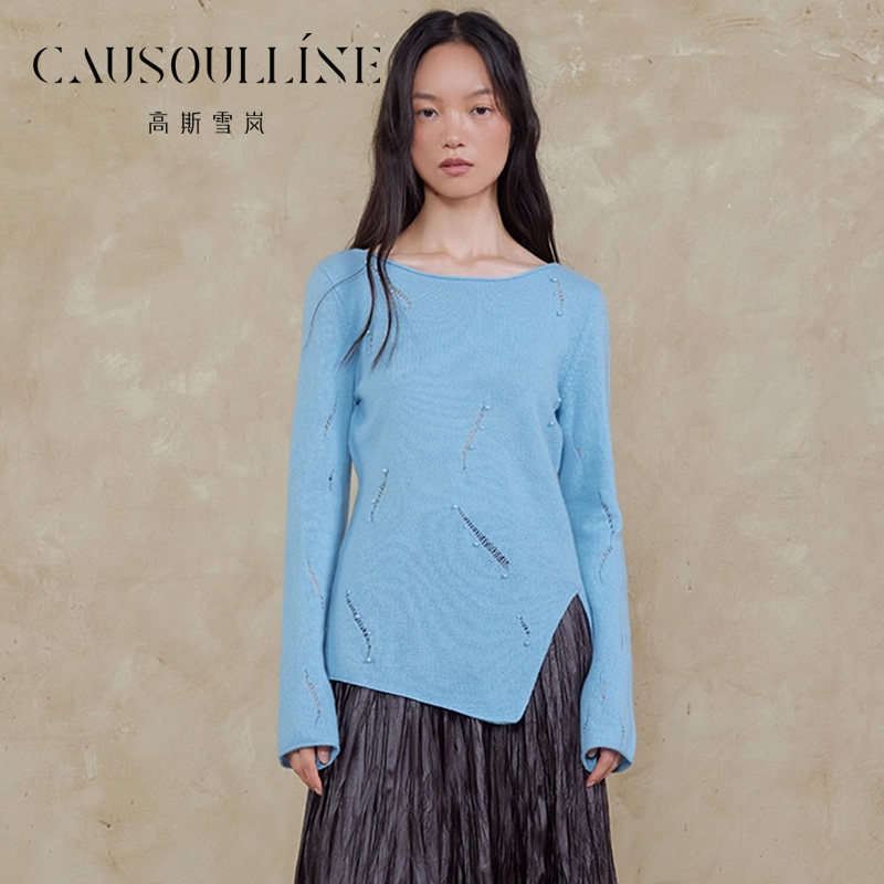 【商场同款】高斯雪岚蓝色薄款镂空侧开叉长袖套头针织衫女羊毛衫