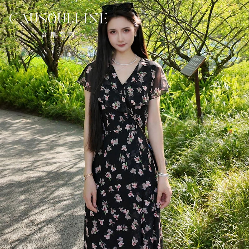 【商场同款】高斯雪岚海边度假风V领黑色印花短袖雪纺裙女碎花裙