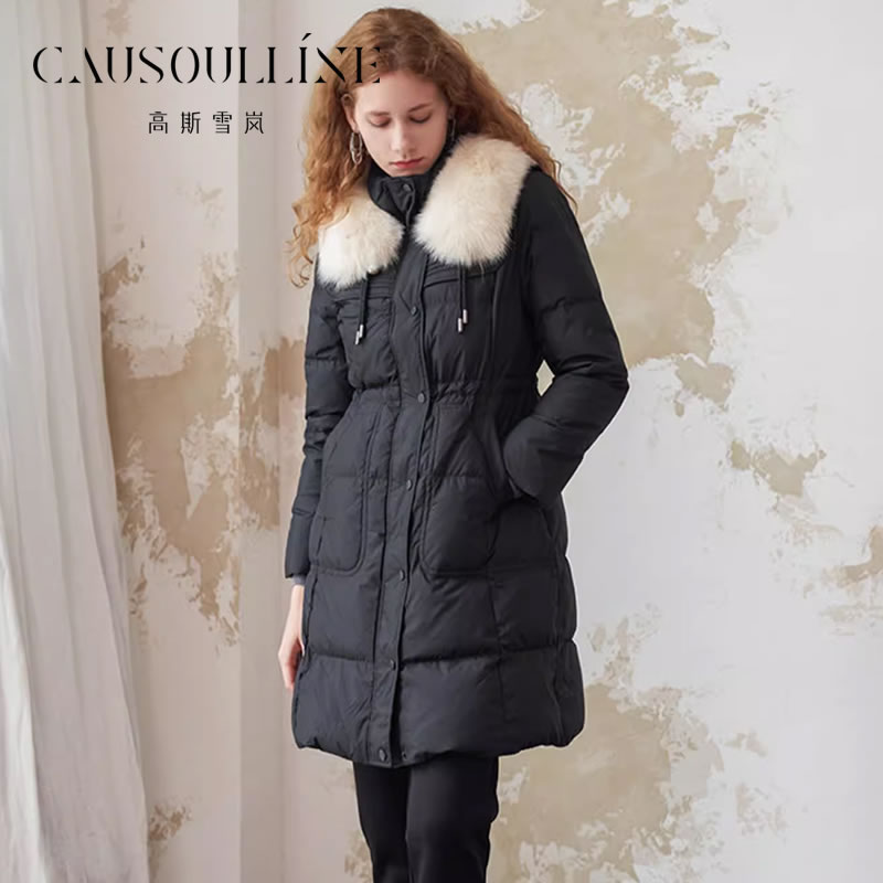 不过膝无帽真毛领羽绒服外套女