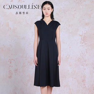 连衣裙女收腰修身 高斯雪岚黑色V领无袖 OL通勤小黑裙 商场同款