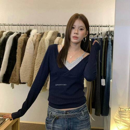 MZI STUDIO秋冬甜美温柔风蕾丝花边百搭显瘦假两件长袖T恤女13662