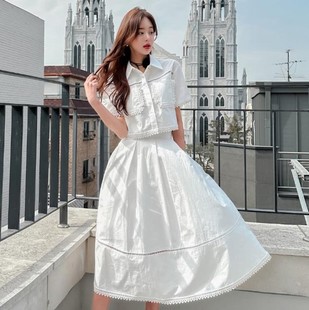 时尚 直邮女装 纯棉短袖 衬衫 韩国代购 夏季 2024新款 套装 半身裙两件套